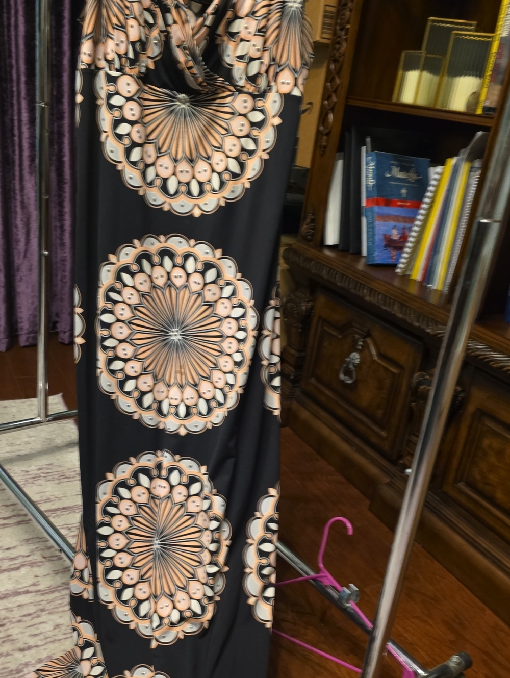 INC International Concepts Black Maxi Dress with Peach Medallion Print